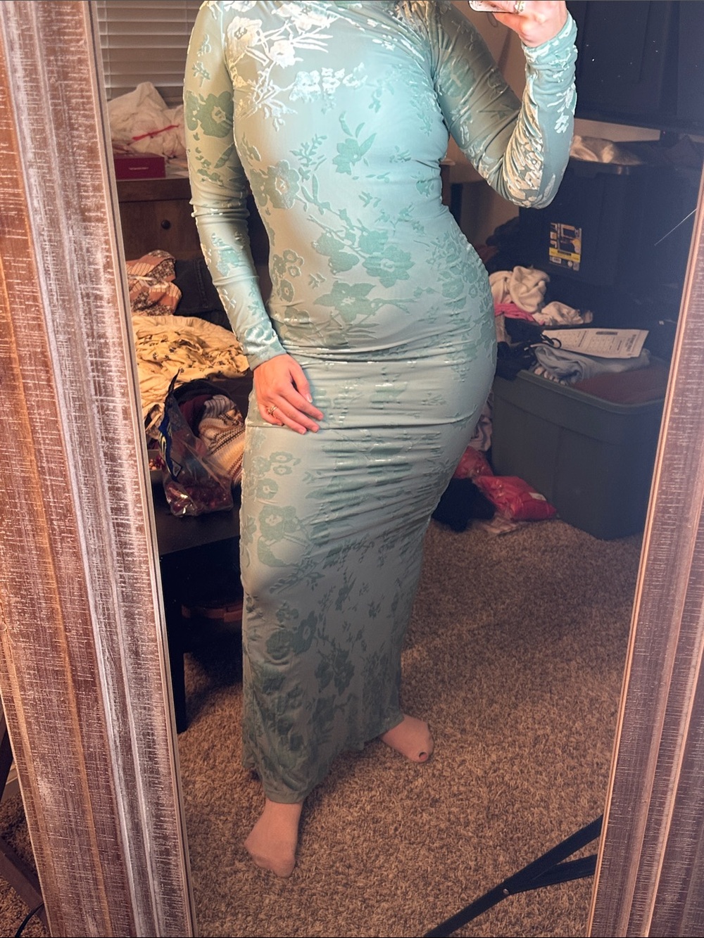 Lulus light aqua burnout velvet‎ long sleeve maxi dress
